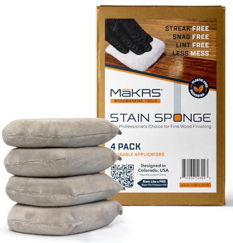 MāKRS Stain Sponge, 4-Pack Staining Pads, Lint, Snag and Streak-Free Applicator Sponges, Micro-Brush Material Over Foam Core, for Wood Stains and All Finishes, Easy to Use with Consistent Application