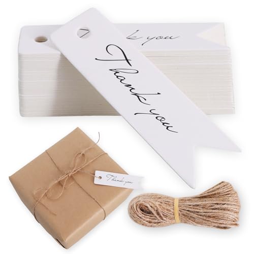 BEISHIDA 100PCS Small Thank You Gift Tags 2.8 x 0.8 Inch White Kraft Paper Tags with String for Party Favors Wedding Gift Packing Business