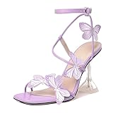 Esvowido Women's High Heel Sandals, Ankle Strap Strappy Butterfly Heels, Square Open Toe Clear Stiletto Heeled Sandals, Butterfly Purple Heels 4 Inches US Size 8