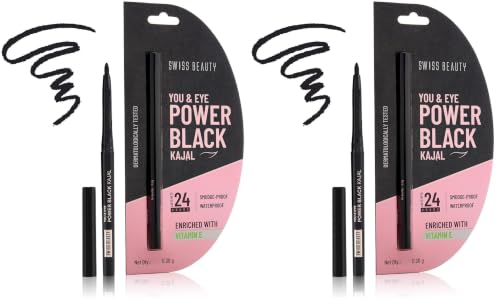 Image of SWISS BEAUTY You & Eye Power Black Pencil Kajal | Waterproof & Smudge-Proof | 24 Hour Stay | Matte Finish Black Kajal | 0.30gm (Pack of 2)