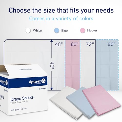 Image of Dynarex Disposable Drape Sheets - 40 inch x 72 inch (Case of 50), White, 2-Ply Tissue Paper for Patient Privacy, Exams, and Procedures