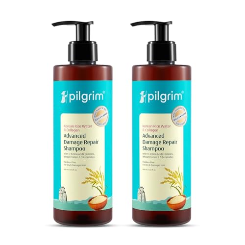 Image of Pilgrim Korean Rice Water & Collagen Advanced Damage Repair Shampoo - 400ml | with 17 Amino Acids, Wheat Protein & 5 Ceramides | Paraben-Free | For Dry & Damaged Hair | For Women and Men Pack of 2