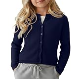 LessonZoo Girls' Uniforms Cardigan Long Sleeve Ribbed Knit Crew Neck Shirt Button Down School Kids Student Outerwear Top(Navy Blue,9-10 Years)
