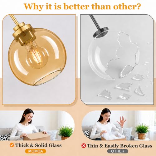 Image of MQMQA 2 Pack Gold Globe Pendant Lights, Mid Century Gold Pendant Light Fixtures, Amber Glass Pendant Lights Kitchen Island Adjustable Hanging Fixture for Dining Room (Bulbs not Included)