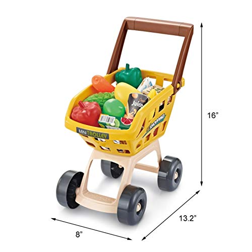 Pomobie Kids Role Play Supermarket Stall Toy Set, Children Superstore Grocery Play Shop with Scanner and Shopping Trolley of Vegetables, Fruits, Food, Cart Accessories, Best Gift for Boys and Girls