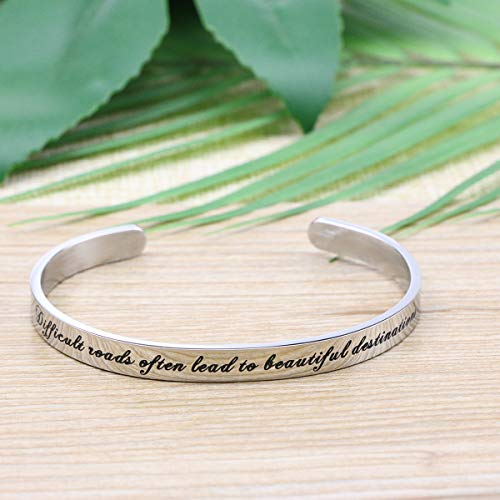 Motivational Gifts Silver Bangle Bracelet For Women Inspirational Jewelry Gifts "Difficult Roads Often Lead To Beautiful Destinations" #TOP2