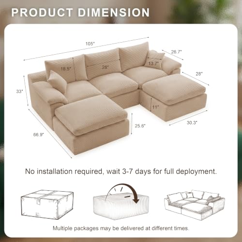 Image of Cloud Sectional Couch, Boneless Couch Modular Sofa, Camel | U shaped, Couches for Living Room & Apartments, Deep Seat & Convertible Ottoman, Kid & Pet Friendly, Family Ready
