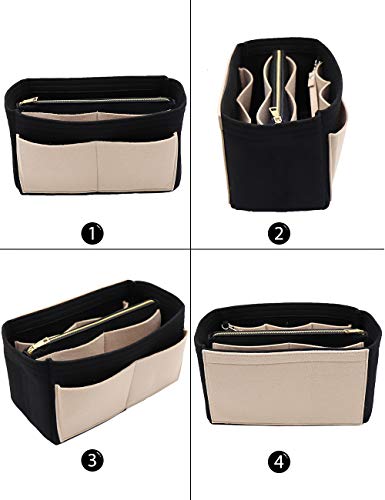 Image of Felt Purse Insert Handbag Organizer Bag in Bag Organizer with zipper Bag Tote Shaper for Speedy Neverfull 8021 Black-Beige M
