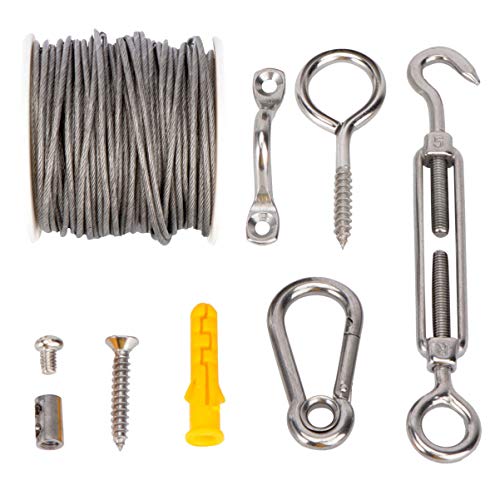 Baluue 1 Set Wire Rope Stainless Steel Wire Cable Aircraft Cable with Crimping Clamps Loop Sleeve Carabiner Clips for Garden Outdoor Tree(Silver)