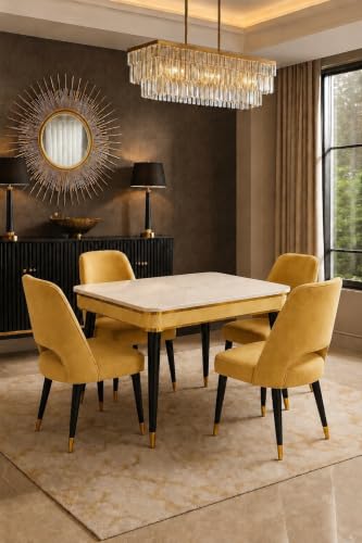 Image of WOODEN SPACE 4 Seater Wooden Dining Table Set | Urban Marble Top Dining Table with Chairs for Dining Room & Kitchen (Modern Vintage Yellow) (54 x 36 x 30 inch)