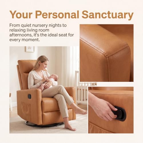 Image of 360 Swivel Rocking Recliner Chair, Manual Lazy Boy Reclining Couch with Adjustable Backrest & Footrest, Oversized Recliner Sofa for Nursery, Living Room, Bedroom, Home Theater Seating, Brown