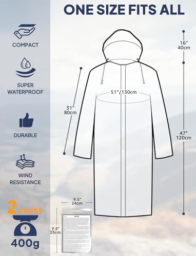 ANYOO 2 Stück Unisex Regenponcho mit Ärmeln, Lang Regenmantel Regenjacke mit Kapuze und Zusätzlichem Platz für den Rucksack zum Wandern, Festival, Radfahren, Camping, Weiß, Einheitsgröße