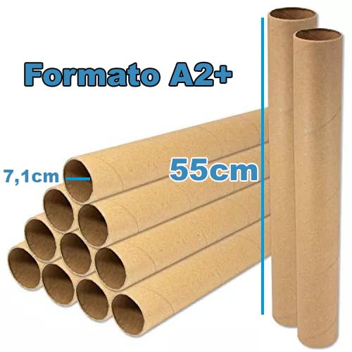 Pack de 10 Tubos de Cartón para Documentos Formato A2+ - 7,1cm de Diámetro x 55cm de Largo Interior, Incluye Tapas Blancas de Plástico, Perfecto para Almacenaje, Archivo y Envío. (7,1x55 cm (A2+))