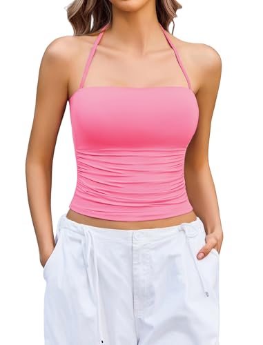 Image of Avidlove Halter Tops for Women Going Out Double Lined Sexy Crop Tank Top Ruched Slim Fit Cami Y2K Outfits Womens Summer Tops