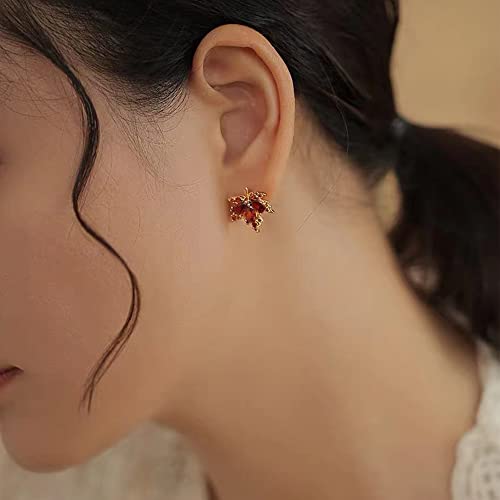 Unique Dainty Sparkly Crystal Orange Red Maple Leaf Dangle Drop Stud Earrings Cute Elegant Glitter Rhinestone Leaf Stud Earrings for Women3