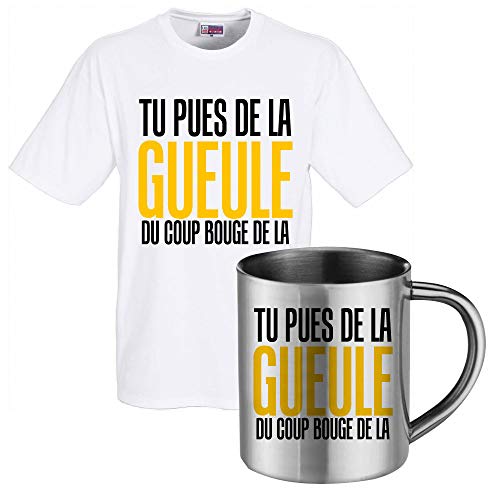 T-shirt blanc en coton premium et mug inox humour pour un quotidien chic