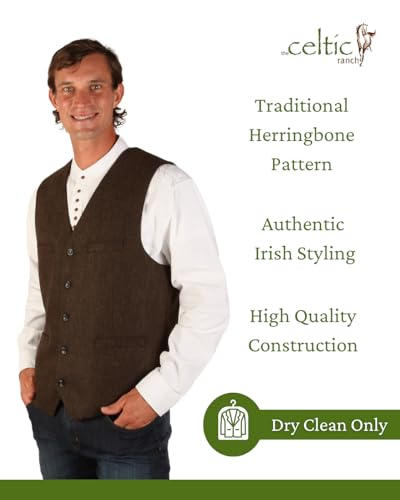 Wool Blend Irish Tweed Mens Vest with Full Back, Adjustable Fabric Belt, 4 Pockets, and Herringbone Pattern3