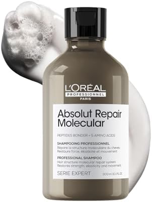 L'Oréal Professionnel Absolut Repair Molecular Sulfate-Free Deep Repairing Shampoo for Damaged Hair - 300 ml | Repairs Very Damaged Hair and Restores Strength With 2% Peptides Bonder & 5 Amino Acids.