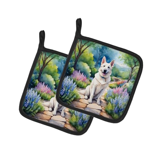 Caroline's Treasures German Shepherd Spring Path Pair of Pot Holders Kitchen Heat Resistant Pot Holders Sets Oven Hot Pads for Cooking Baking BBQ, 7 1/2 x 7 1/2