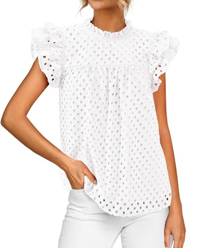 BTFBM Casual Summer Tops for Women 2025 Short Ruffle Sleeves Shirts Crew Neck Hollow Out Lace Embroidered Blouses