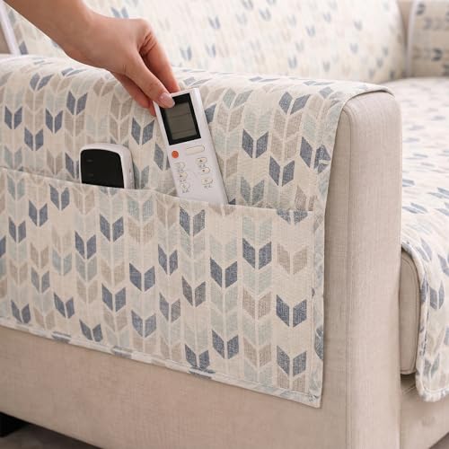 Image of STITCHNEST 'CloudFeel Series' Quilted Printed Velvet Sofa Cover for 2 Seater | Premium Soft Velvet Sofa Protector | Beige Blue Geometric Leaf Pattern Design with Armrest Pockets | Furniture Cover