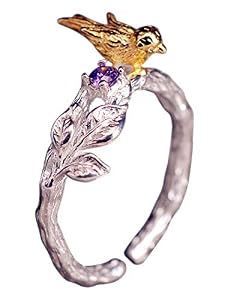 3D Vogel auf Natur-Ast + Amethyst, Offener Ring aus 925 Silber + Gold | Schmuck-Silberringe