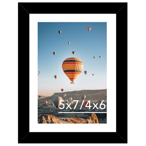 Image of 5x7 Picture Frame Black with 4x6 Mat for Wall Hanging or Tabletop, Display Photo 4x6 with Mat or 5 x 7 Without Mat, 5 by 7 Wall Gallery Poster Photo Frame with Shatter Resistant Plexiglass, Black