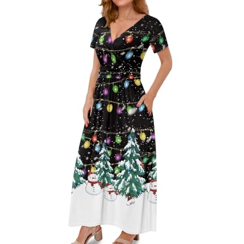 Image of Women's Fall Summer Short Sleeve Ankle Length V-Neck Party Dress with Pockets Size S-3XL