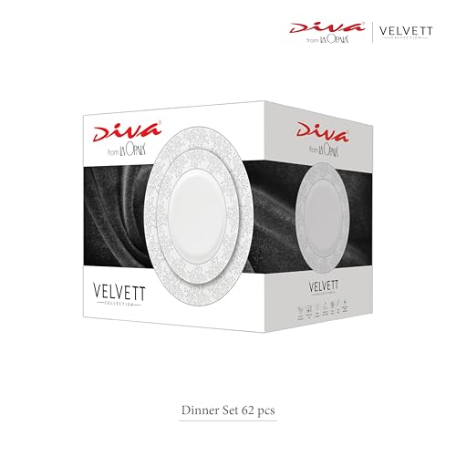 Image of La Opala Diva Velvett Collection Opal Glass Crockery | for Family of 8 | Dinner Set 62 pcs Imperial Grey | Plates & Bowls for Dining | Microwave Safe | 100% Vegetarian | Extra Strong | Light & White