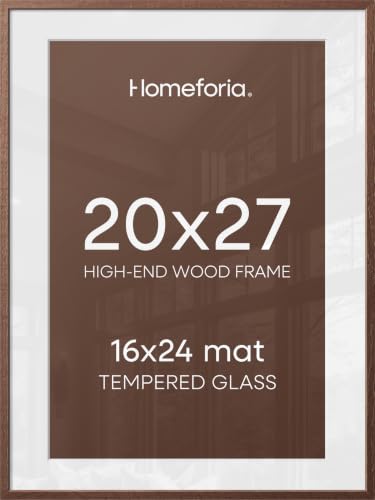 Image of Homeforia 20x27 Picture Frame Brown, High End Dark Oak 20x27 Poster Wood Frame with Mat 16x24 for Photo, 20 x 27 Wooden Walnut Frame Matted to 16 x 24, 27x20 Frames, Tempered Glass, Wall Kit, Set of 1