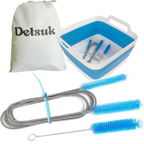 CPAP Hose Cleaning Brush Kit with Collapsible Basin – Dual-Ended 7ft Tube Brush & Small Cleaner, Anti-Slip Wash Tub with Drain Plug & Handles, Fits 15mm & 22mm Tube Cleaning