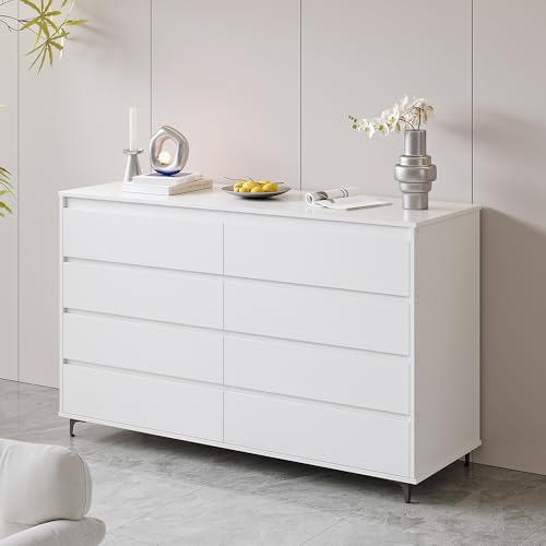 White Chest Of Drawers for Bedroom Large Capacity Bedroom Dresser with 8 Drawers Living Room Storage Unit For Households Items 138CM Wide Drawer Storage Cabinet For Clothes Kitchen Utensils (White)
