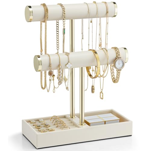 VLANDO 2 Tier Bracelet Holder Organizer with Tray - Leather Jewelry Stand Organizer for Women - Jewelry Holder Display for Necklace, Watches, Rings, Earrings, Bangle, Scrunchie - Cloud White