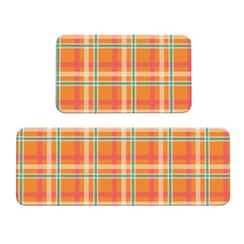 GVYGVY Antifatigue Kitchen Mats for Floor 2 Piece - Retro Orange White Plaid Print Kitchen Rugs Washable, Non Slip Runner Rug Standing Mat for Office/Bathroom/Laundry/Home Decor and Accessories