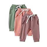 Covvoliy Toddler Baby Boys Girls Sweatpants 3 Pack Solid Color Elastic Waist Trousers Bottoms Casual Pants Multipacks Long Pants (Green Pink Purple, 6-12 Months)