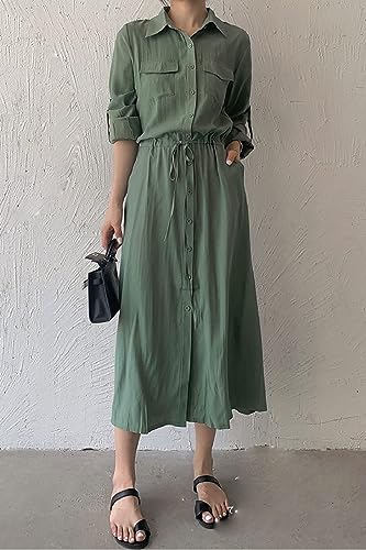 Image of Women Roll-Up Long Sleeve Button Down Shirt Midi Dress