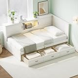 Harper & Bright Designs Twin Daybed Frame with Storage Drawers & USB Port, Wood L-Shaped Bed Frame, Twin Captain Bed with LED Light & Bookcase,Twin Corner Bed for Kids, Teens, Adults, White