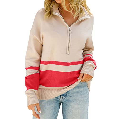QJDFLL wollkleid Damen Winter Casual Langarm Pullover mit halbem Reißverschluss V-Ausschnitt Kragen gestrickt lose Slouchy Tops Damenpullover...