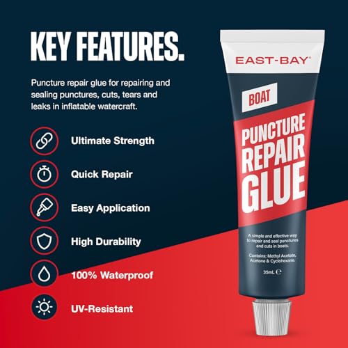 EAST-BAY Boat Puncture Repair Kit | Heavy Duty Puncture Repair Glue For Boat, Kayak, Canoe, & Paddle Board | Liquid Rubber Repair Patch For Inflatable Watercraft | PVC Glue | Quick & Easy Repair