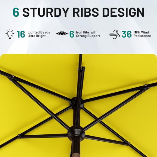 Image of AreShark 6.5' x 10' Rectangular Patio Umbrella with Solar Lights, Solar Powered Lighted Market Umbrella w /Tilt and Crank, Outdoor Table Umbrella for Garden, Deck, Backyard, Pool and Beach, Yellow