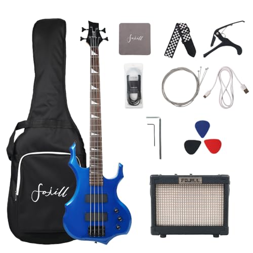Fojill Full Size 4 Four String Electric Bass Guitar 10W Battery Power Bluetooth Amplifier Amp Beginner Starter Kit Set Combo Bundle Package Accessory Bag,Picks,Capo,Cable,Strings(Metallic Blue)