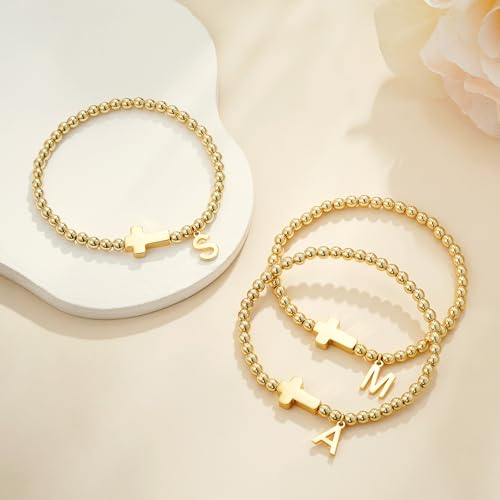 Gold Initial Bracelets for Women Girls - 18K Gold Plated Cross Initial Bracelet Dainty Beaded Bracelet Gold Bracelets for Women Teen Girl Gifts 5