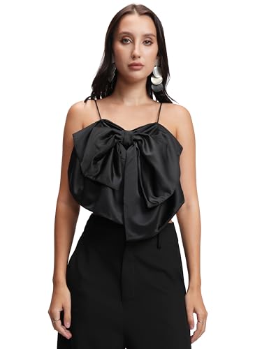 Image of Tokyo Talkies Women's Shoulder Straps Sleeveless Crop Top | Front Bow Detail | Playful & Chic | Perfect for Casual & Day Outings | Tops for Woman | Women Tops | Women Crop Top