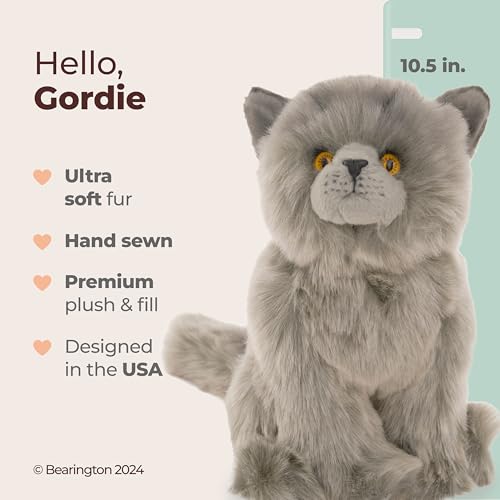 Image of Bearington Collection Gordie The Grey Cat Plush, 10.5 Inch Grey Cat Stuffed Animal - Plushies for Boys and Girls