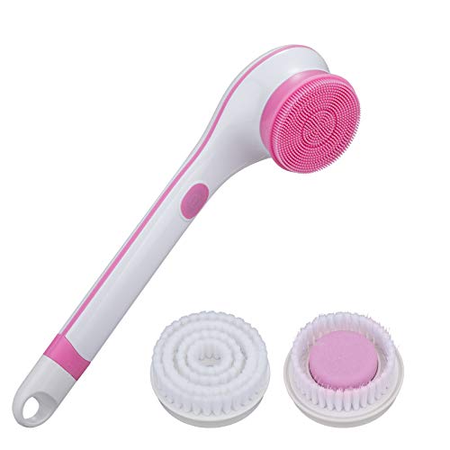 BEWEBEME Electric Shower Brush - 3 in 1 Waterproof Long Handle Body Brush for Bath Exfoliating Spin Massage, 3 Replacement Brush Heads (Battery Excluded)