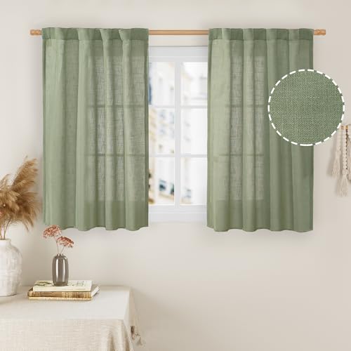 LAMIT Kitchen Linen Curtains 40 Inch Length 2 Panels, Sage Green Semi Sheer Light Filtering Panels Back Tab and Rod Pocket Neutral Drapes for Basement/Window/Loft Room, 34 x 40 Inch