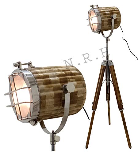 Image of Designer Nautical Wooden Studio Spotlight Collectable Searchlight Tripod Floor Lamp