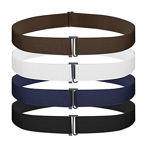 4 Pack Adjustable Stretch Belt, Invisible Belt with Flat Buckle, No Show Elastic belt for Jeans Dresses Pants, Black, Brown, White, Dark Blue