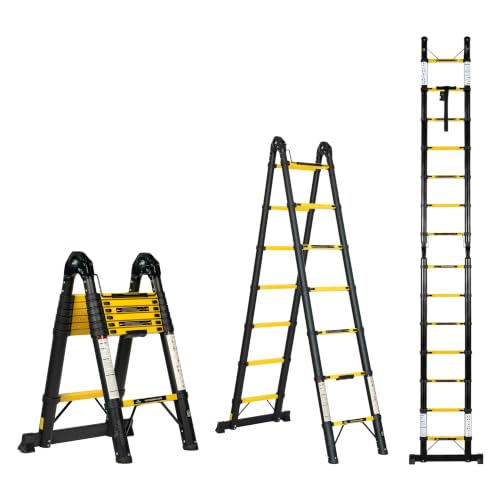 Image of Corvids 4.4m (14.5 ft) Foldable A-Type Carbon Steel Telescopic Ladder, 2-Year Warranty, 14-Step Heavy Duty Extension Ladder, Q195 Rustproof Alloy Steel, Portable Ladder for Home & Outdoor use