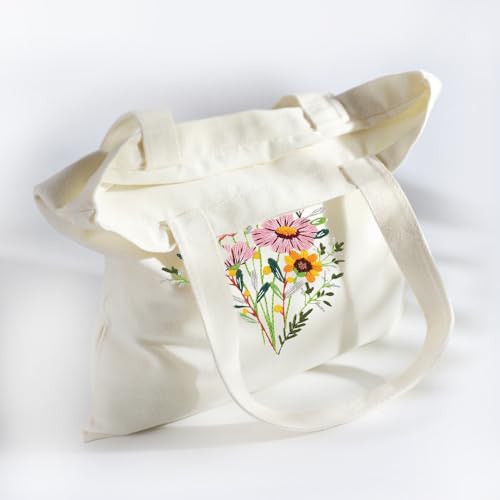Image of Huacan Embroidery Canvas Bag Kits for Adults Beginner Stamped Flowers Pattern DIY Cross Stitch Printed Flower Stitching Sewing Kit